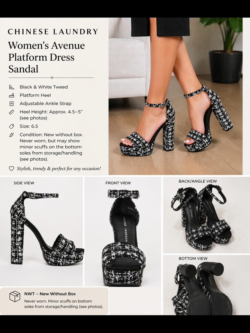 Chinese Laundry Platform Heels Tweed Black White Ankle Strap Sandals Size 6.5